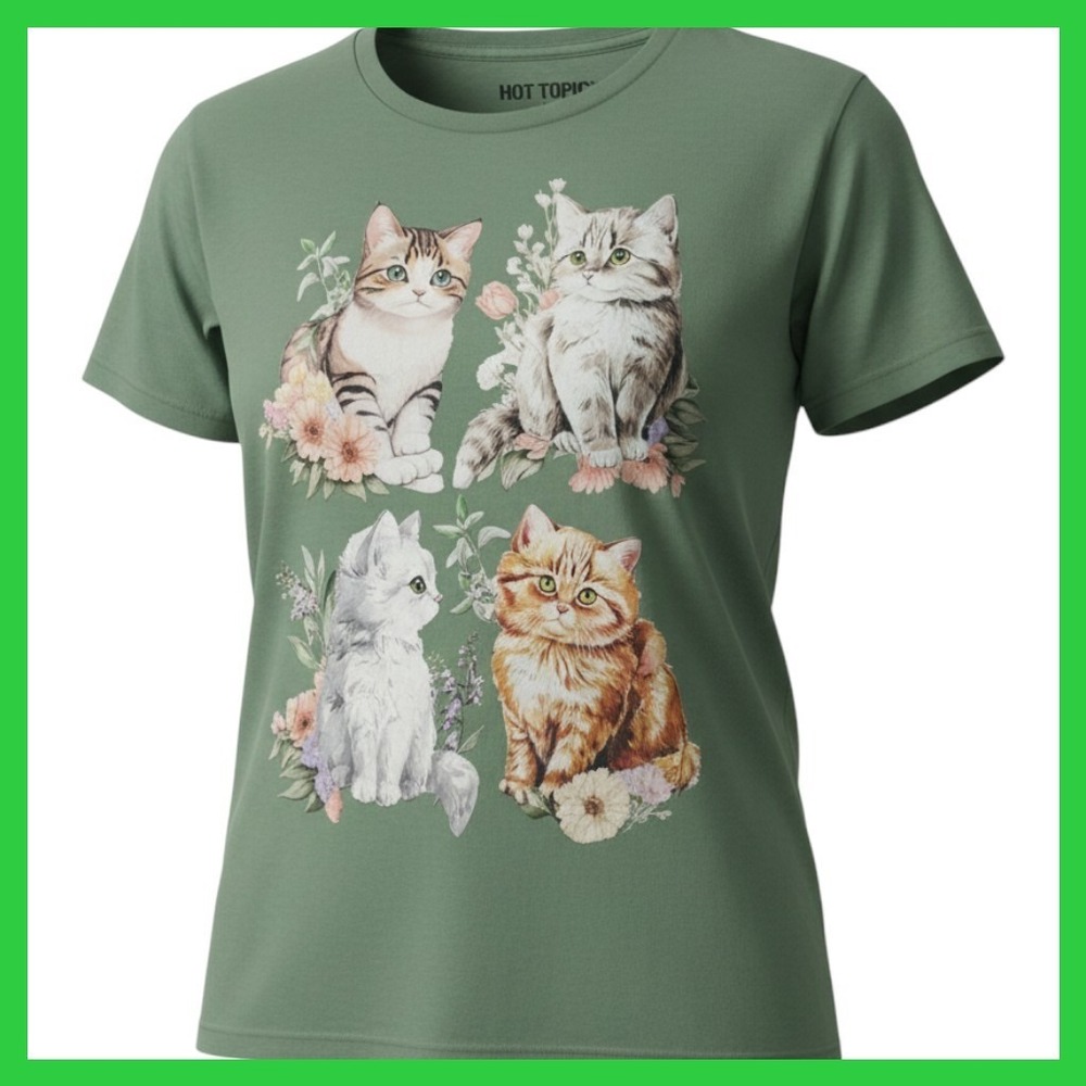 Hot Topic Kitten Floral Graphic Tee Sage Green Cotton Crew Neck Shirt Large